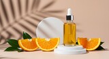 Serum oil vitamin C pipette dropper bottle on white podium copy space skin care beauty product.