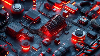Poster - Futuristic Circuit Board with Red Neon Lights and High-Tech Design