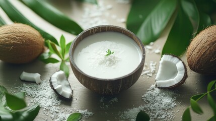 Poster - Smooth coconut milk with tropical vibes, surrounded by fresh coconut and grated flakes