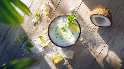 Poster - Refreshing drink setup with coconut milk and coconut parts on a weathered wood surface