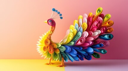 Poster - Rainbow-colored peacock crafted from paper, standing against gentle pastel background