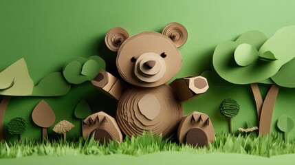 Aufkleber - Paper-crafted bear with realistic angles on grassy green background, evoking woodland themes