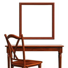Poster - Elegant wooden furniture with a large empty picture frame and chair in a minimalistic room with white background for home decor art display or interior design concept