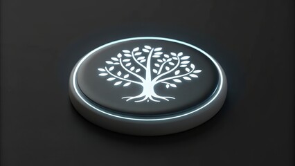 Aufkleber - Glowing white neon button with family tree icon on black background, symbolizing genealogy and connection. design is minimalistic and modern, evoking sense of heritage and unity