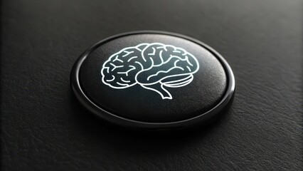 Poster - Black button with glowing brain icon in soft blue light, symbolizing intelligence and thought, placed on textured black background for sleek and modern design