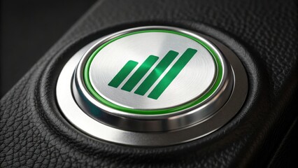 Poster - Chrome button with digital bar chart icon in green light, symbolizing business analytics and data growth, set against textured black background