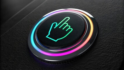 Poster - Circular button with neon light touch screen hand icon, glowing in vibrant colors on sleek black background, creating futuristic and modern user interface design