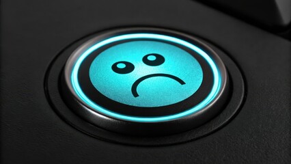 Poster - Glowing cyan blue button with sad face emoji is embedded in black surface, creating striking emotional visual impact. button illumination highlights its design and conveys sense of melancholy