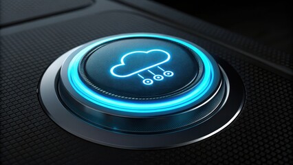 Poster - Futuristic button with glowing blue neon cloud computing icon, symbolizing modern data storage and technology, set against sleek black background
