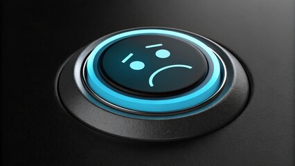 Poster - Futuristic button with glowing blue crying face symbol, expressing sadness and sorrow, is embedded in sleek black surface. design conveys modern and emotional aesthetic