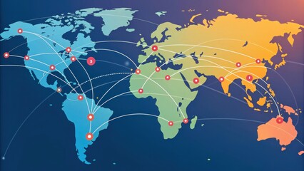 Poster - Global map with interconnected dots symbolizing international business networking, showcasing worldwide communication and trade routes. Bright colors highlight continents and connections
