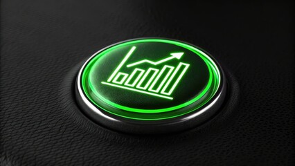 Poster - Glowing green button with neon analytics dashboard icon, featuring rising bar graph and arrow, symbolizing business performance and growth, set against sleek black background