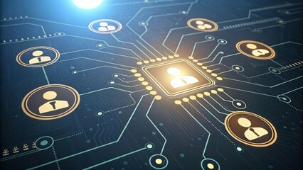 Poster - Glowing circuit board with interconnected people icons at key nodes symbolizes business networking and digital communication, emphasizing connectivity and collaboration