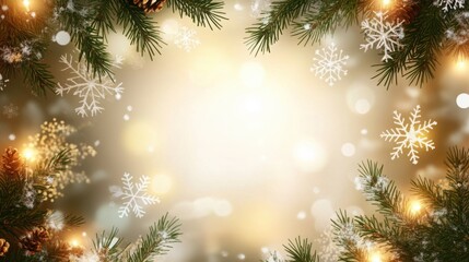 Poster - Festive Christmas background with soft glowing lights, snowflakes, and evergreen branches framing a clean white center for text.