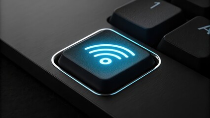 Poster - Glowing blue Wi Fi symbol on black keyboard button, representing wireless connectivity and modern technology. sleek design emphasizes minimalism and innovation
