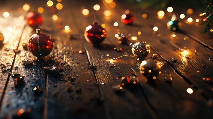 Poster - Festive image featuring scattered Christmas ornaments and fairy lights on a dark wood table with open space for content.