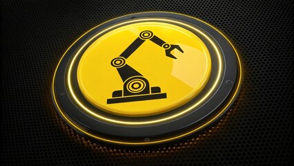 Poster - Yellow neon button with robotic arm icon, symbolizing automation and industrial technology, set against textured black background with glowing accents
