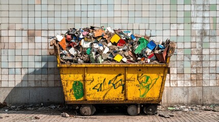 Poster - Industrial skip showing a variety of waste materials from a demolition site, with a clearly visible tile wall behind.