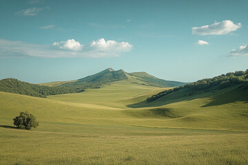 Poster - Rolling green hills under a light blue sky with fluffy clouds, showcasing serene nature landscape, evoking peace and tranquility