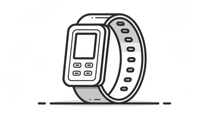 Poster - Sleek black line illustration of fitness tracker with rectangular screen and buttons, attached to adjustable strap. design is minimalistic and modern, emphasizing functionality