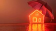 © Duangporn - Bright red umbrella shielding a glowing neon house outline on water surface with dramatic sunset sky background symbolizing protection and home safety