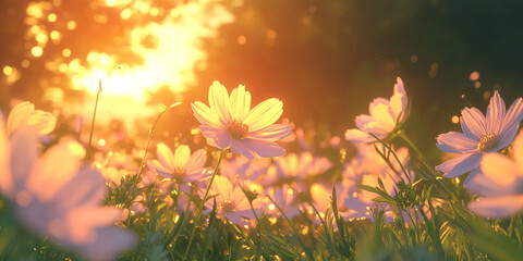 Poster - Close-up of pale flowers bathed in sunset light, creating a warm, tranquil scene symbolizing peace and serenity, ideal for calm and nature concepts