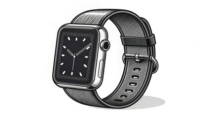 Poster - Sleek illustration of smartwatch with rectangular face, minimalist design, and textured strap. black and white line art emphasizes its modern and stylish appearance