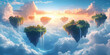 © Ulitka - Floating islands surrounded by clouds featuring lush greenery and cascading waterfalls in a vibrant and whimsical design
