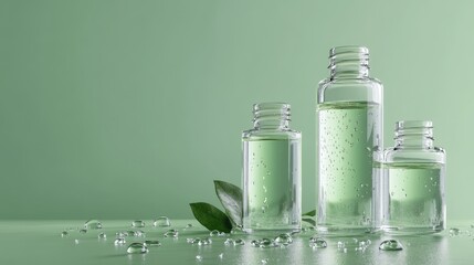 Poster - Glass oil bottles sit peacefully on a dewy mint green surface, evoking freshness and calm