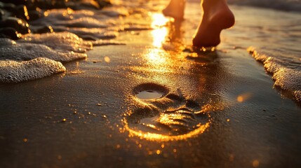 Aufkleber - Footprints trail behind a person strolling at dusk, waves reflecting fiery sunset light