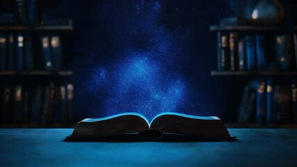 Poster - open book with glowing magic and starry sky in library setting