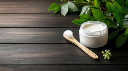 Poster - Minimalist skincare vibe: cream jar, brush, and greenery on dark wood for a peaceful spa aesthetic