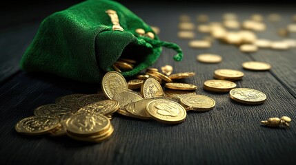 Fototapete - Scattered golden coins surround a green pouch, hinting at wealth and mystery.