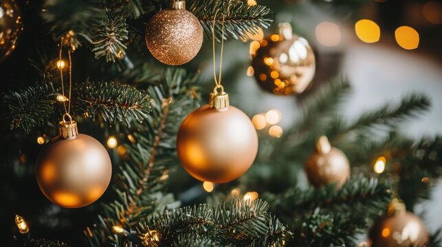 Minimal presentation background with subtle Christmas touches: gold ornaments, soft lights, and evergreen sprigs.