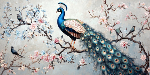 Aufkleber - Peacock perched on blossoming branch, detailed feathers and flowers, serene aesthetic, symbolizes elegance, beauty, and nature's artistry, ideal for home decor