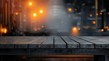 Poster - Wooden Plank Surface with Industrial Background and Soft Glowing Lights in a Dark Warehouse Setting