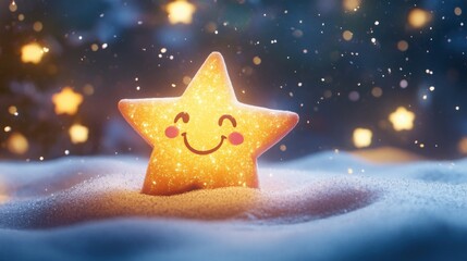 Poster - Vivid 3D Christmas environment with a shining, smiling star in the center, soft cinematic lights, twinkling stars, and falling snow.