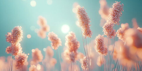 Aufkleber - Soft peach-colored flower field, sunlit, blurry background, dreamy aesthetic, suggesting peace, serenity, and gentle beauty