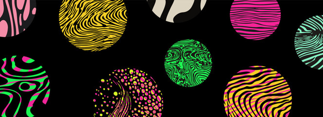 Poster - Various colorful psychedelic circles, each filled with wavy, abstract, neon patterns in the modern trending trippy and neo-psychedelic style.