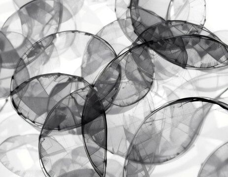 Monochrome Abstract of Overlapping Transparent Discs Casting Layered Shadows.