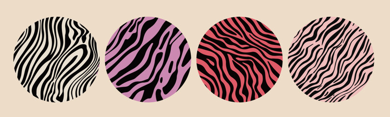 Fototapete - Set of four circular abstract vector designs with zebra-like wavy lines in black, pink, and cream tones, creating a playful and modern animal print effect.