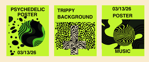 Poster - Set of three vibrant, psychedelic vector posters with wavy, trippy designs and abstract shapes in neon green, black, and pink. Bold text highlights event themes and dates.