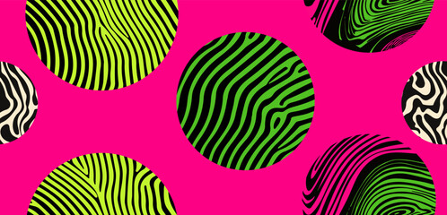 Fototapete - Various colorful psychedelic circles, each filled with wavy, abstract, neon patterns in the modern trending trippy and neo-psychedelic style.