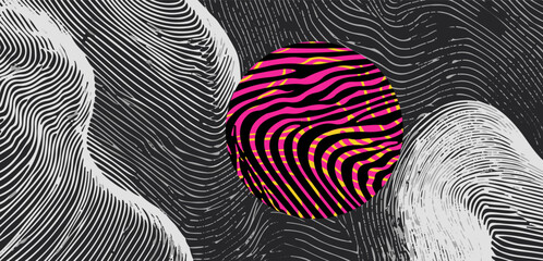 Fototapete - Abstract vector art with black and white wavy lines forming a dynamic background, featuring a bold pink sphere with matching striped pattern, creating a striking and modern visual effect.