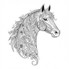 Poster - Detailed horse head illustration with floral and swirl patterns in black and white line art