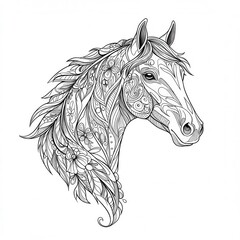 Poster - A detailed line art drawing of a horse head with floral and swirling patterns on a white background