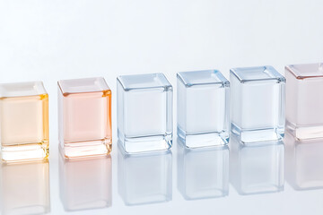 Aufkleber - A row of gradient tinted clear glass cubes are reflecting on a white background. A study of gradient color, transparency, refraction, and reflection.