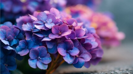 Poster - Clusters of hydrangea macrophylla blossom in radiant hues of purple and blue, gracefully swaying in a gentle breeze. Small droplets of dew glisten under the soft light of dusk, enhancing their beauty