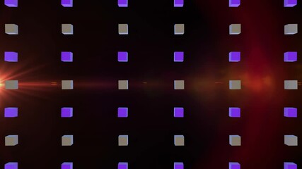 Poster - Floating 3D cubes cycling purple and gray, straddling midline, orange lens flare casting streaks