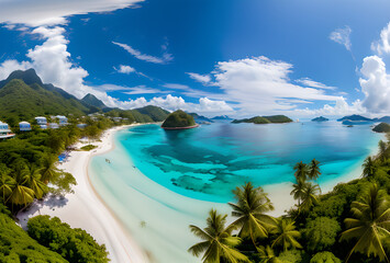 Wall Mural - Summer background beautiful beach aqua sea blue sky coconut palm trees white sand,generative ai